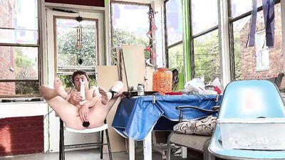 Perverted amateur neighbor is having some fun on a balcony