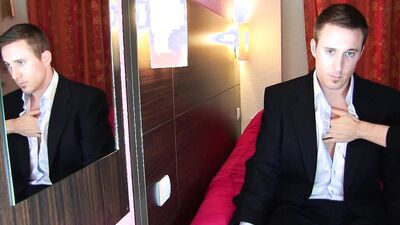 Horny gentleman strokes his cock in front of the camera