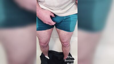 Perverted gay bloke cums inside the pants while filming himself
