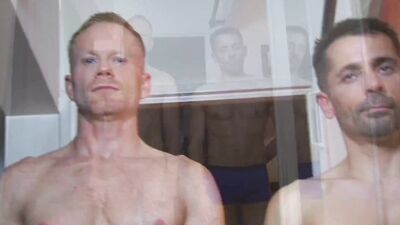 Blond chap sucks next door bud's hard johnson inside the bathroom