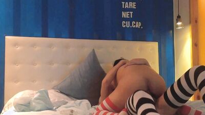 Two horny gay chaps with stockings are fucking in the bedroom