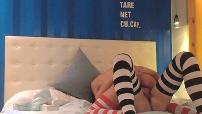 Two horny gay chaps with stockings are fucking in the bedroom