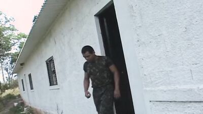 Muscular soldiers do hot outdoor blowjob and fuck followed by big cumshot