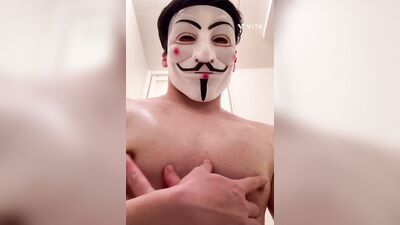 Muscular Japanese feels and teases her nipples with drool