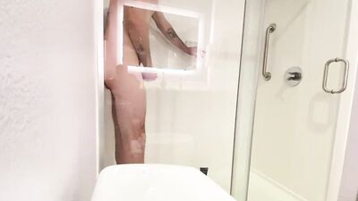 Straight guys first time riding his big white dildo in hotel shower