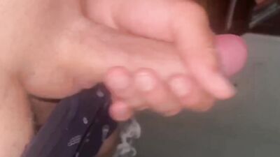 Straight guy fingers his ass in bath while jerking his big uncut cock, huge load