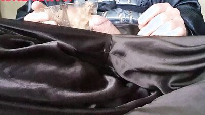 Master Ramon jerks off at breakfast in a hot satin outfit, lick slave!