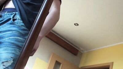 First time teen jerks off his big hard cock on camera