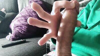 Huge Veiny Cock is Jerked on the Couch Until He Cums, we watch a movie?