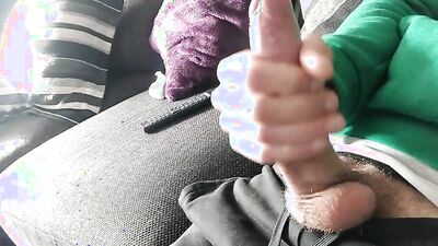 Huge Veiny Cock is Jerked on the Couch Until He Cums, we watch a movie?