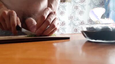 A horny teen with a big dick cooking breakfast for you and fills it with fresh sauce from his sperm