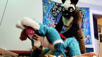 Dog bangs a fox and cums on his face - Fursuit yiff