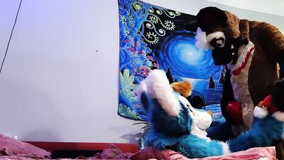 Dog bangs a fox and cums on his face - Fursuit yiff