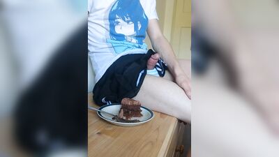 cute crossdresser cums on cake and eats it