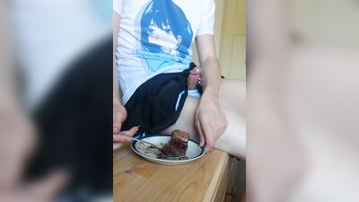 cute crossdresser cums on cake and eats it