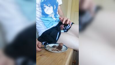 cute crossdresser cums on cake and eats it
