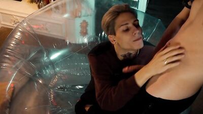 Two sweet guys share an inflatable chair