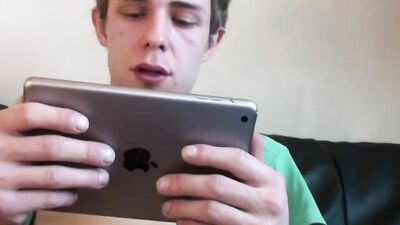 Young inexperienced boy gets horny watching sex movies and jerks his cock until he cum hard