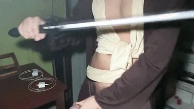 Asian Jedi fight and jerk off with lightsaber.