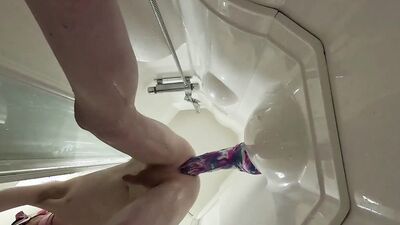 Skinny twink bulges belly with XL bad dragon horse dicks and shoots cum while bouncing