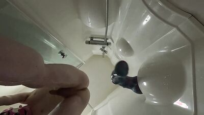 Skinny twink bulges belly with XL bad dragon horse dicks and shoots cum while bouncing