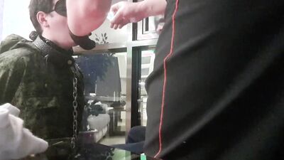 CRAZY HARD BDSM THREESOME -YOUNG MILITARY SLAVE and 2 DOMINS- PISS, SLAP, SPANK and HARD MOUTH FUCK