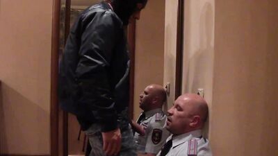 SKINHEAD with a BIG FAT DICK hard FUCKS the POLICEMAN'S THROAT hard and SLAPPING