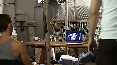 Horny lad is riding a hard cock in front of his mates