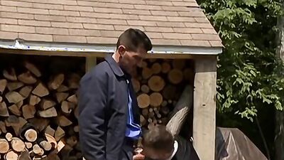Two horny gay fellow are fucking in front of their cabin