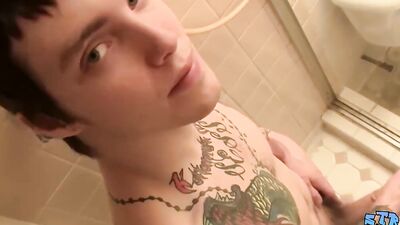Tattooed straight thug Blinx masturbates cock and cums solo