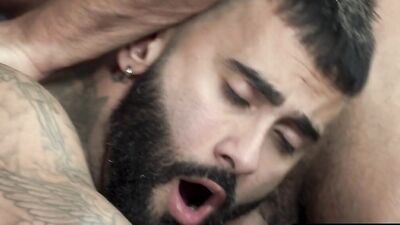 3 Hairy Hunks Spitroast Each Other - Cumshot & Creampie!!