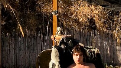 Jock Zack Randall cums while tugging his cock in pool