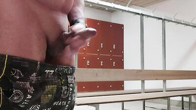 Jerking off and fingering asshole in a real public locker room