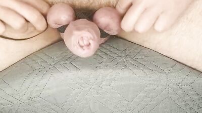 Balls Separated, Cock Tied, Foreskin Jerking Cum