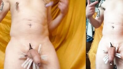 CBT electro in urethra and ass with clothes pins webcam live show