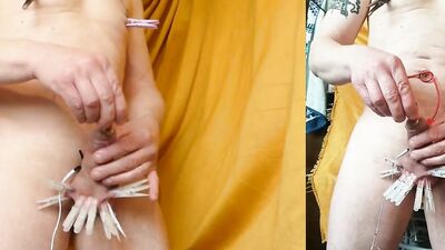 CBT electro in urethra and ass with clothes pins webcam live show