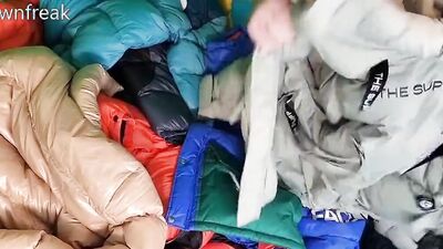 Humping 20 Down Puffer Jackets in an Inflatable Pool