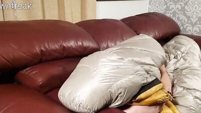 Humping Silky Smooth EMS Down Bag on Leather Sofa