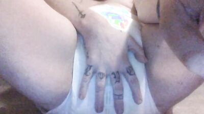 Chubby diaper boy wets diaper and cums