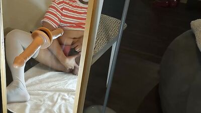 College Crossdresser Fingers Dildos and Cums with Mirror