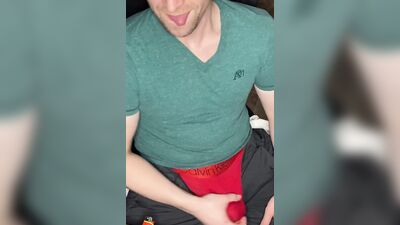 Bator Stud getting big dick hard before busting cock out and stroking