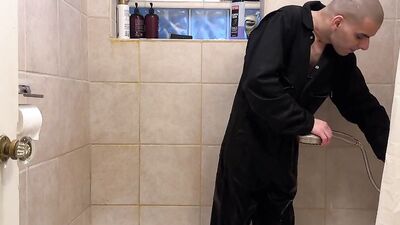 Dec 11 2022 - Dark blue coveralls omorashi pee and shower