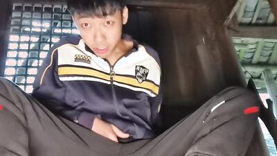 cum boy Masturbation china Asia forest wooden house outdoor