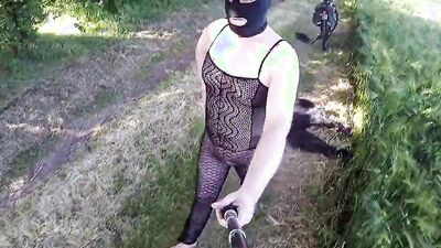 Enjoying sheer dress at public cruising spot in the sun. Shaved big butt. Tobi00815