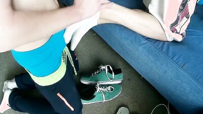My friend twink giving me a footjob (shoes, socks, barefeet)
