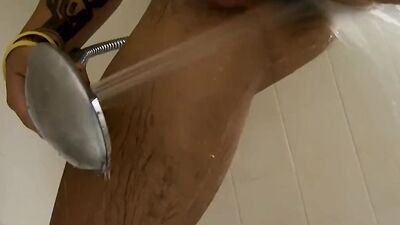 Shower fresh Jizzy McBone jerks off his cock solo and cums