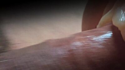 Detailed extreme closeup stiff glistening cock, foreskin pulled back, fucking, thrusting, penetrating rubber (TPE) pussy sex toy