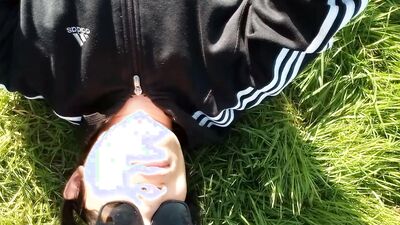 Jon Arteen walks barefoot on the grass, shows the soles of his feet in close-up, does the giant feet