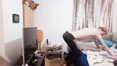Skinny Blonde hair twig shows off his body in his jeans and tests out his flexibility