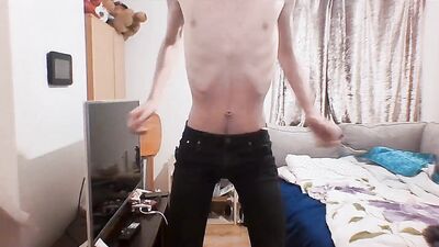 Skinny Blonde hair twig shows off his body in his jeans and tests out his flexibility